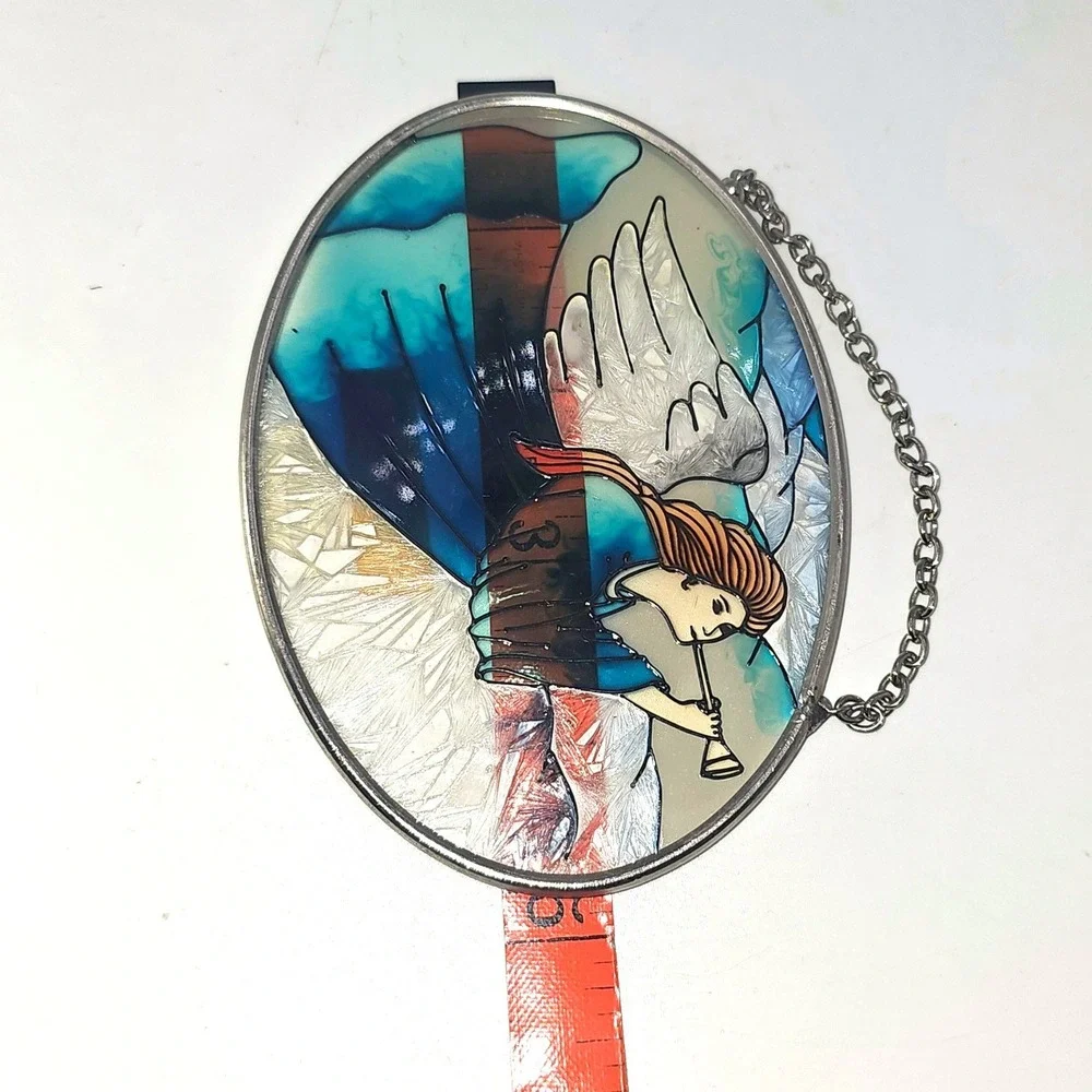 Amia Handpainted Glass Suncatcher Angel with Trumpet Blue Teal Oval Hanging Art
